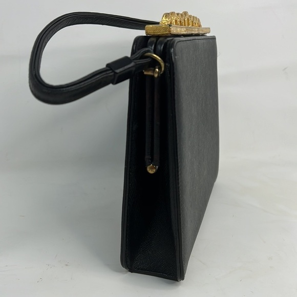 Dobbies Bags Structured Black Crosshatch Leather Snap Close Handbag - Picture 5 of 10